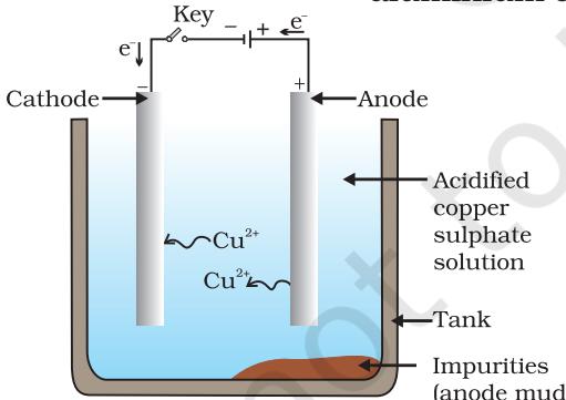 Figure 3.12 Electrolytic refining of copper. The electrolyte is a solution of acidified copper sulphate. The anode is impure copper, whereas, the cathode is a strip of pure copper. On passing electric current, pure copper is deposited on the cathode.