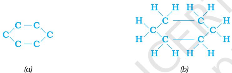 Figure 4.9 Structure of cyclohexane (a) carbon skeleton (b) complete molecule